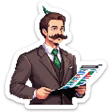 Finance guy with massive handlebar mustache, business attire, stock market chart sticker