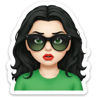 current charli xcx with her long black wavy hair, thick black-out sunglasses that hide her eyes completely, pale skin, pouting closed lips, and a bright green top that said 'brat' in the brat font. sticker