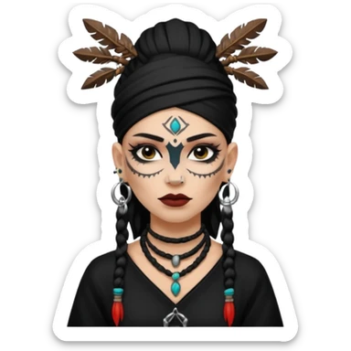 white shaman woman black clothes black accesories face tattoos sticker
