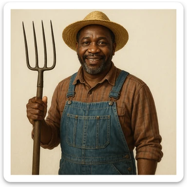 Black man farmer, standing, holding a pitchfork, wearing overalls and a straw hat, friendly expression, simple background sticker