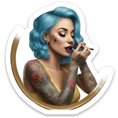 Hyper Realistic Beautiful tattooed woman applying her makeup in a mirror  sticker