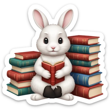 White rabbit sitting next to a stack of books consisting of 3 books sticker