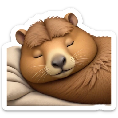 Meme-Worthy Cute Sleeping Capybara Portrait Emoji, Head resting peacefully with a contented smile, showcasing luxuriously soft, fluffy fur and a characteristic capybara head with a broad snout and small, gentle ears, with eyes gently closed in serene slumber, Simplified yet hilariously adorable features, highly detailed, glowing with a soft, drowsy natural light, high shine, relaxed and utterly lovable, stylized with an air of playful laziness, bright and heartwarming, soft glowing outline, capturing the essence of a sleeping capybara that feels destined to become the next viral sensation of adorable rest! sticker