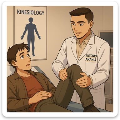 fai un webtoon manga a colori con questo stile, in cui un uomo è steso sul lettino medico e il kinesiologo con il camice bianco (fagli anche la scritta "ANTONIO ANANIA" SUL CAMICE, gli solleva una gamba per fargli il test neuromuscolare, IL KINESIOLOGO SPIEGA ALL'UOMO UNA cosa mentre gli alza la gamba. non fare i fumetti però, fai solo in modo che sembri stiano parlando sticker