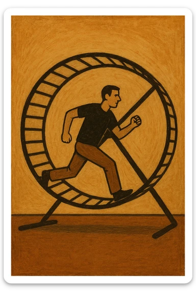 uomo che corre dentro la ruota del criceto come un circolo vizioso sticker