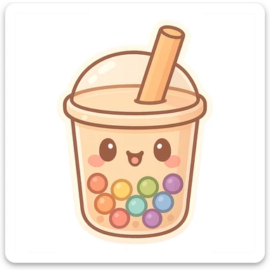 chibi sticker-style bubble tea with rainbow boba, cute and exaggerated sticker