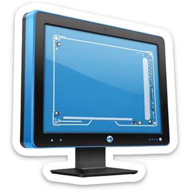 a side profile view of the back of a Black and blue and white PC screen, back facing forward  sticker