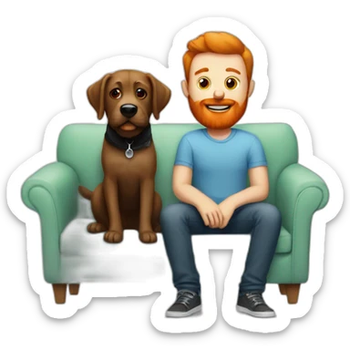 a man with a red beard sits on the sofa instead with a black labrador sticker