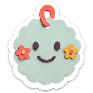 soft pastel round scalloped tag sticker with tiny flowers, paper craft style, with a smiling face accent sticker
