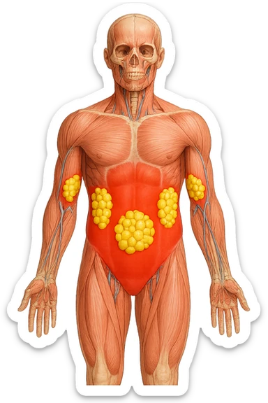 corpo umano anatomico con addome e fianchi segnati in rosso, grappoli di cellule adipose gialle su fianchi e addome sticker