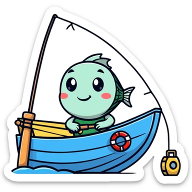 A cartoon fishing boat with a friendly face and tiny fishing rod sticker