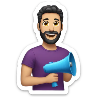 a white man with a black beard, holding a red megaphone next to his mouth, he wears a purple tshirt, smiling,he has a modern haircut sticker