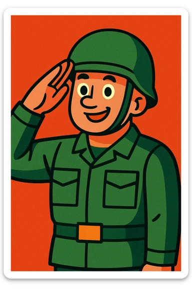 cartoon army soldier saluting, green uniform, helmet sticker