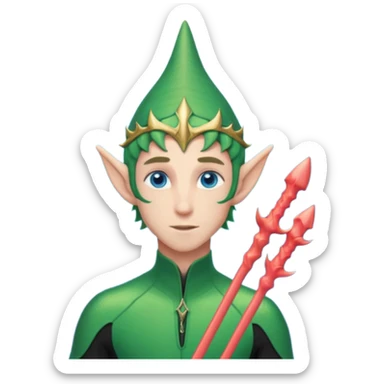 male elf in iridescent wetsuit, coral staff. Gills on neck sticker