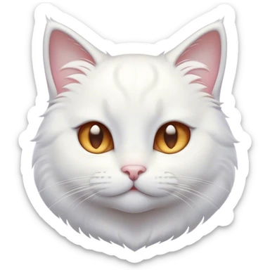 Cinematic Cute White Cat Portrait Emoji, Head tilted with a soft, gentle smile and sparkling eyes, featuring a silky, pristine white fur with subtle silver highlights, simplified yet irresistibly adorable, highly detailed, glowing with a warm, snowy glow, high shine, radiating affectionate charm and tender grace, styled with a light, playful outline, capturing the essence of a cute white cat that looks as if it could melt your heart with a single blink! sticker