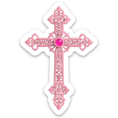 3D gothic cross with ornate filigree, pink accents, dramatic lighting sticker