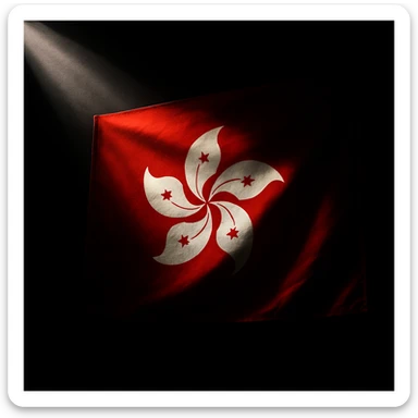 the flag of Hong Kong on a black background, with a ray of light shining over it, dramatic lighting, high contrast sticker