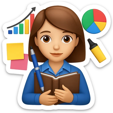 Add marketing accessories such as charts, pie charts, highlighter pen, and post-its around the subject, maintaining the iOS 18 emoji style with a transparent background. sticker