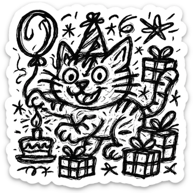 Add more gifts around the kitten, keeping the chaotic outlined style and all original elements intact sticker