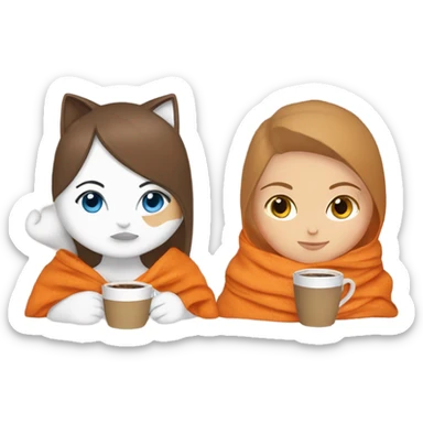 White girl blue eyes brown hair sipping coffee in a blanket with orange and white cat sticker