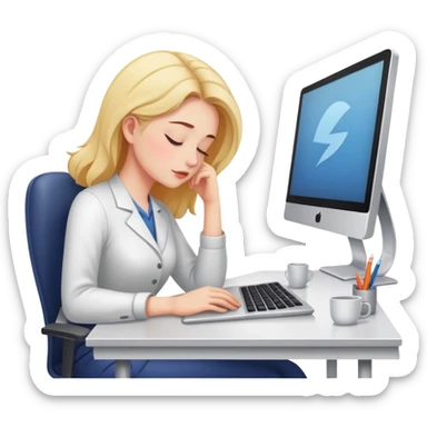 Woman dozing off at workspace with computer sticker