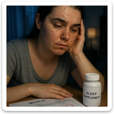 hyperrealistic 4K detailed image of a woman with PCOS and high cortisol, face with acne, chin hair, thin hair, exhausted expression, sleep supplements on the table, medical report with cortisol values highlighted in red, nighttime home environment, blue light sticker