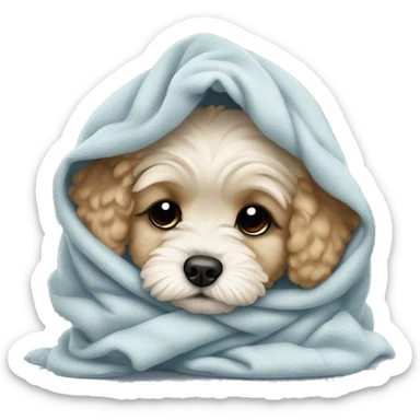 really sad and crying maltipoo puppy in blanket cuddled up sticker