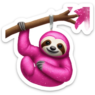 Hot pink sloth with glitter hanging on a tree  sticker