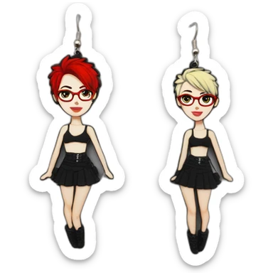 Punk female earrings glasses,red and black short hair, sticker