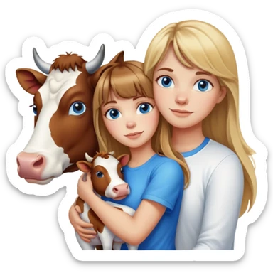 Woman with brown hair long and blonde highlights, bangs in front, blue eyes, white t shirt hugging a cow sticker