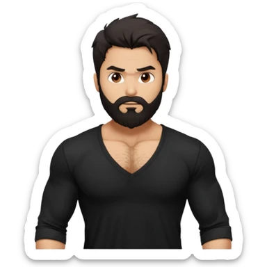 generate a pretty bratz Shahid kapoor with heavy beard and looking angry.
Make him wear a black full sleeve v neck tshirt. muscular but still lean
He shoudl look exactly like Shahid kapoor. Long messy black hair sticker