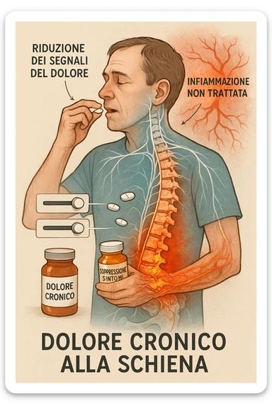 Man taking pain medication for chronic back pain, pills shown as dimmer switches turning down pain signals in transparent nervous system overlay, underlying spinal damage remaining completely untreated and worsening, expression of temporary relief masking progressive deterioration, medication bottle labeled 'symptom suppression' not 'cure', root cause inflammation continuing to spread in italiano sticker