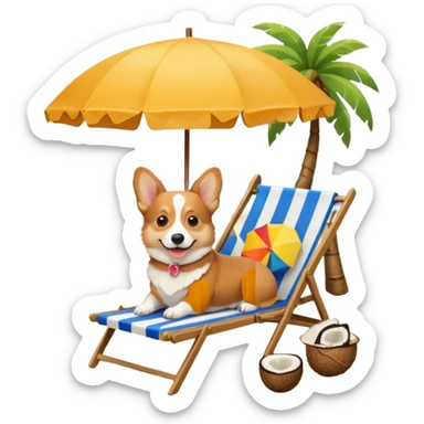 a corgi dog laied on a beach chair, a sunny beach, a sun umbrella, and beach coconut trees. the icon should capture the essence of a relaxing beach vacation with a carefree atmosphere sticker