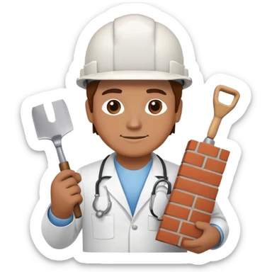 Brick mason wearing a hard hat but in a doctors gown emoji holding a trowel and a brick sticker