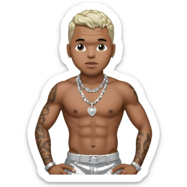 Chris Brown with silver sequin baggy pants, shirtless with necklace sticker