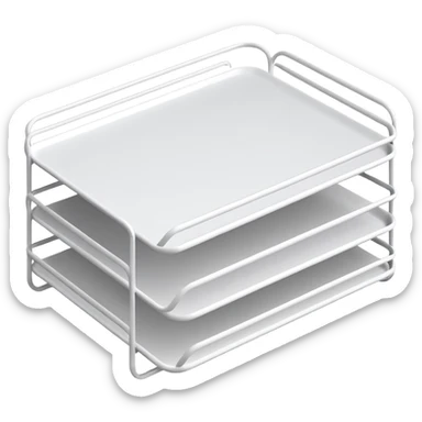 A minimal, clean emoji-style illustration of a white metal desk paper organizer tray, shown in slight isometric view so its structure is readable at a small scale. The organizer is rectangular with rounded corners, made of thin white metal wires, forming two to three stacked horizontal slots.
 sticker