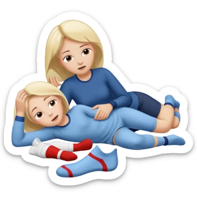 Create an emoji scene where a woman has fainted and is lying down, and a boy is holding his socks near her nose to help bring her back to consciousness. There should be nothing else in the scene.only one boy and girl sticker