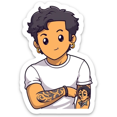 Italian man with tanned skin, curly black hair in short bob style, stubble, olive eyes, gold earring in left ear, white t-shirt, black tattoo on forearm, smoking cigarette sticker