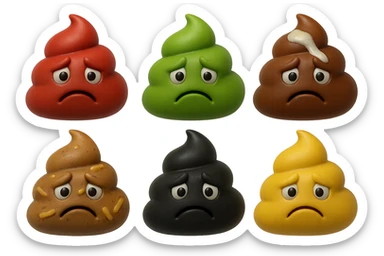 emoji stile iphone 3d di una cacca di colore rosso, una cacca di colore verde, una cacca di colore marrone con muco bianco visibile sopra,  una cacca di colore marrone con penne di pasta a pezzetti visibili all'interno di essa,  una cacca di colore nero e una cacca di colore giallo, tutte le cacche hanno un espressione triste, iperrealistiche 4k sticker
