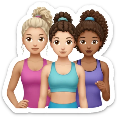 three women friends exercising together, one black woman with curly brown hair, one pale white woman with curly brown hair, and one white woman with straight brown hair in a ponytail sticker