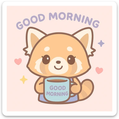 Aggretsuko red panda smiling holding a coffee cup with 'Good Morning' text, kawaii style sticker