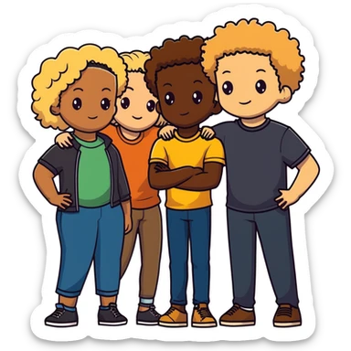 Group of diverse friends standing together, including a dark-skinned boy, a light-skinned blonde boy, a light-skinned girl with dark hair, a mixed-race girl with brown hair, a light-skinned person with curly hair, a mixed-race person with dark curly hair, and in the center a mixed-race person with wavy hair sticker