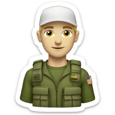 White boy gamer wearing airpods, wearing a military green cap sticker