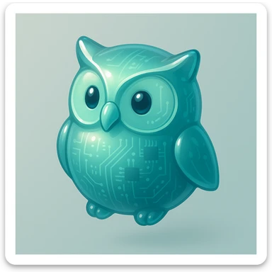 Windows Vista-style icon of an owl, with shiny surfaces, subtle reflections, soft blue-green color palette, gentle approachable expression, semi-realistic modern icon appearance sticker