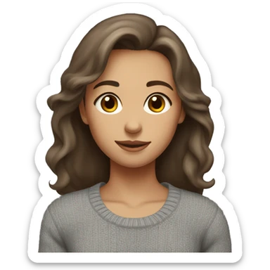 a girl with medium-length brown hair, brown eyes, wearing a gray tight-fitting sweater, with a small smile, sticker