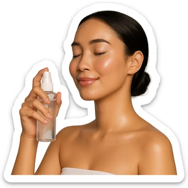 girl holding a face mist bottle, glowing skin, simple background, skincare vibe, beauty sticker