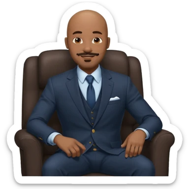 Black man, bald, in a suit, sitting on a chair in the office, goatee mustache sticker