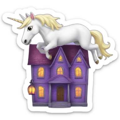 unicorn flying in a haunted house sticker