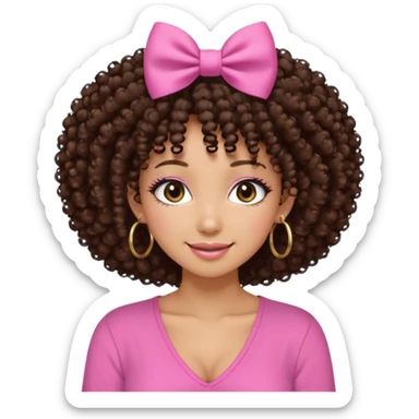 Naturally tan skin girl short darkBrown curly afropink shirt very long lashes hoop gold earrings Brown eyes gyaru smiling closed mouth cute bow hairclip small on the side. V neck pink shirt sticker