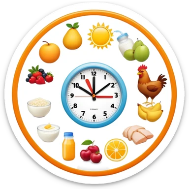 Daily fitness nutrition schedule with water bottle, sun, chicken and rice plate, gym equipment, yogurt, fruit, and sleep symbol arranged in a circle like a clock sticker